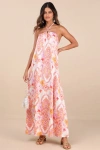 Lulus Nikoletta Coral Pink Multi Paisley Print Halter Maxi Dress
