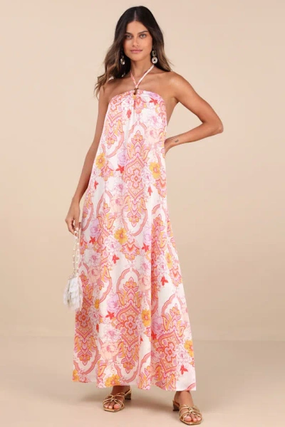 Lulus Nikoletta Coral Pink Multi Paisley Print Halter Maxi Dress