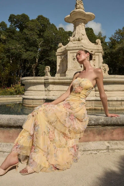Lulus Niyati Yellow Floral Strapless Tiered Maxi Dress