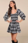 Lulus No One Cuter Black And Ivory Plaid Puff Sleeve Tiered Mini Dress In Black And Ivory