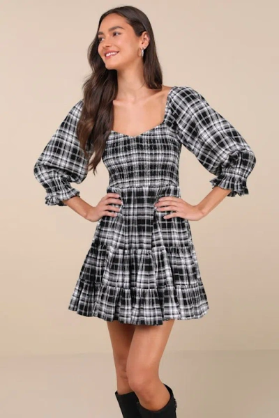 Lulus No One Cuter Black And Ivory Plaid Puff Sleeve Tiered Mini Dress