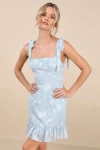 Lulus No One Prettier Blue Floral Embroidered Tie-strap Mini Dress