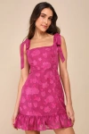 Lulus No One Prettier Magenta Floral Embroidered Tie-strap Mini Dress In Magenta