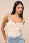 Lulus Norina Beige Mesh Ruched Lace Bodysuit