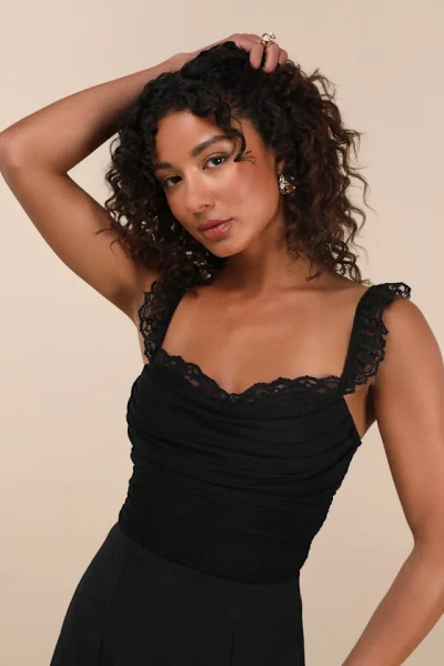 Lulus Norina Black Mesh Ruched Ruched Lace Bodysuit