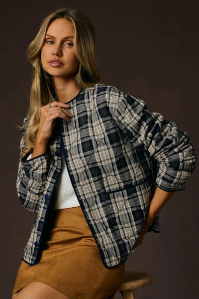 Lulus Norma Beige And Navy Plaid Quilted Jacket In Blue