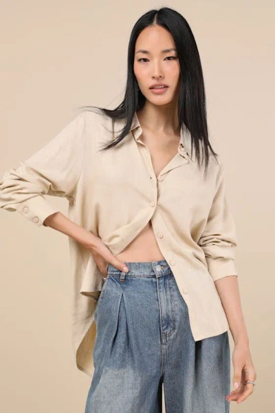 Lulus Notable Aesthetic Beige Linen Collared Button-up Top