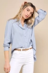 Lulus Notable Aesthetic Light Blue Linen Collared Button-up Top In Light Blue