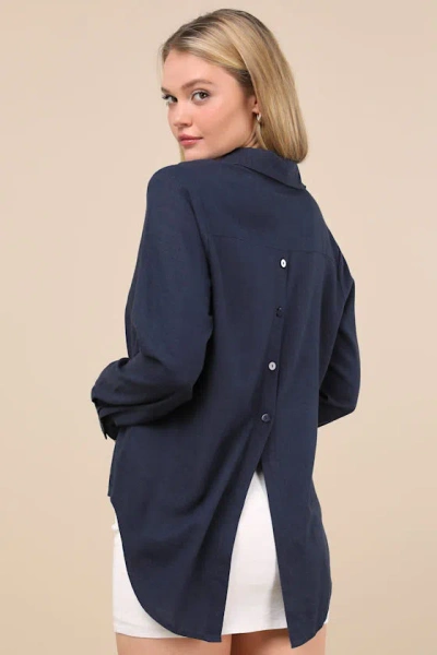 Lulus Notable Aesthetic Navy Blue Linen Collared Button-up Top