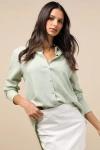 Lulus Sweet And Chic Sage Green Satin Button-up Short Sleeve Top In Sage Green