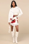 Lulus Notable Charisma Ivory Floral Satin Lace Tendril Mini Skirt In Ivory