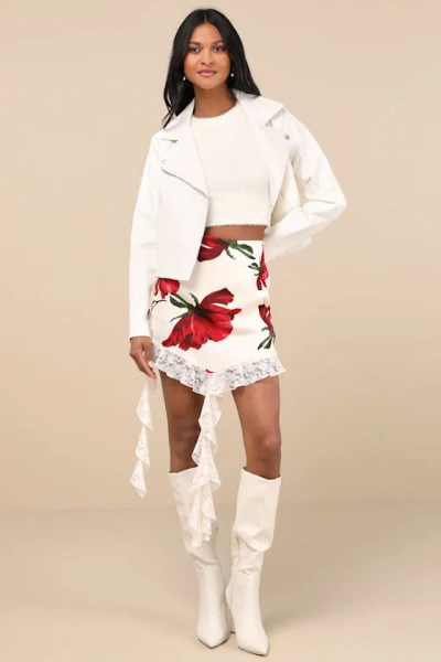 Lulus Notable Charisma Ivory Floral Satin Lace Tendril Mini Skirt