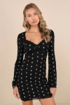 Lulus Notable Cuteness Black Floral Textured Long Sleeve Mini Dress In Black