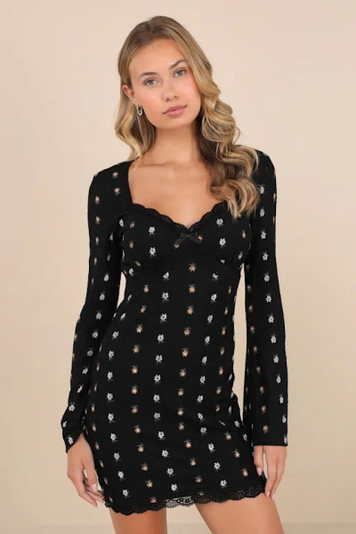 Lulus Notable Cuteness Black Floral Textured Long Sleeve Mini Dress