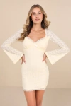 Lulus Notable Cuteness Cream Textured Long Sleeve Mini Dress In White