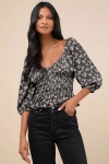 Lulus Notable Delight Charcoal Floral Balloon Sleeve Top In Black