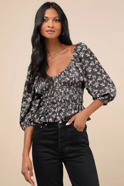 Lulus Notable Delight Charcoal Floral Balloon Sleeve Top In Black