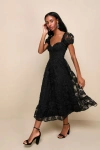 Lulus Notable Elegance Black Mesh Floral Applique Bustier Midi Dress In Black