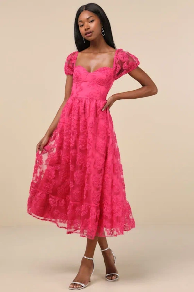Lulus Notable Elegance Fuchsia Mesh Floral Applique Bustier Midi Dress