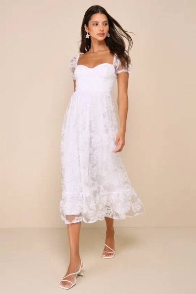 Lulus Notable Elegance White Mesh Floral Applique Bustier Midi Dress