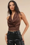 Lulus Notable Shine Brown Satin Rhinestone Halter Top In Brown