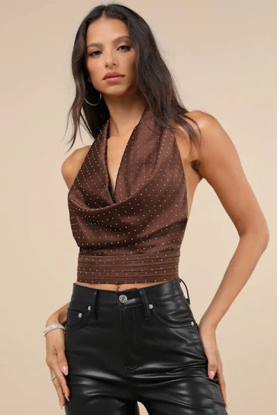 Lulus Notable Shine Brown Satin Rhinestone Halter Top