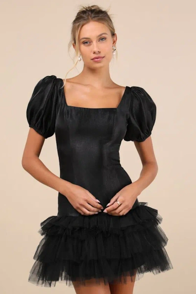 Lulus Notably Fabulous Black Taffeta Tiered Puff Sleeve Mini Dress