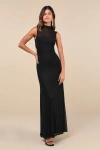 Lulus Notably Iconic Black Mesh Backless Maxi Dress In Black