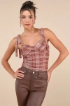 Lulus Noteworthy Aesthetic Brown Plaid Ruched Tie-strap Bodysuit In Brown