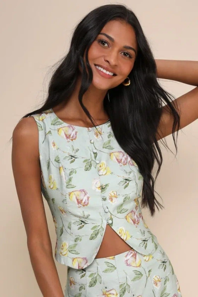 Lulus Noticeably Perfect Sage Green Floral Button-up Lace-up Tank Top