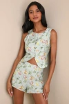Lulus Noticeably Perfect Sage Green Floral High Rise Shorts In Sage Green