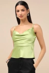 Lulus Notorious Allure Chartreuse Satin Cowl Neck Tank Top In Green