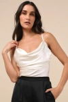 Lulus Notorious Allure Cream Satin Cowl Neck Tank Top In White