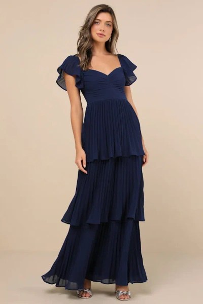Lulus Notorious Charm Navy Blue Pleated Flutter Sleeve Maxi Dress
