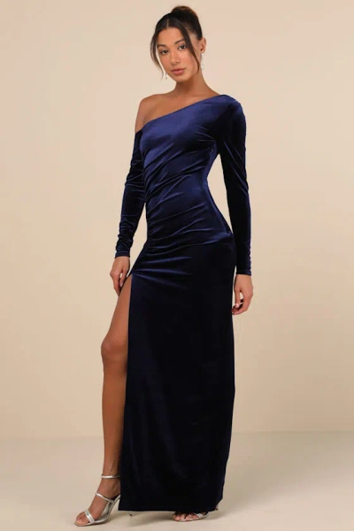 Lulus Notorious Icon Navy Blue Velvet Asymmetrical Maxi Dress