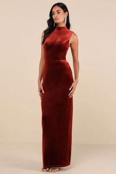 Lulus Notorious Stunner Rust Velvet Mock Neck Backless Maxi Dress In Red