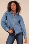 Lulus Notoriously Chic Medium Wash Denim Button-up Top In Blue