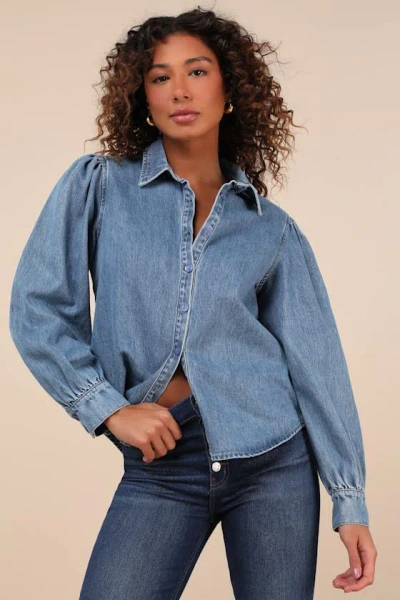 Lulus Notoriously Chic Medium Wash Denim Button-up Top In Blue