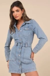 Lulus Notoriously Cool Light Wash Long Sleeve Denim Mini Dress In Blue