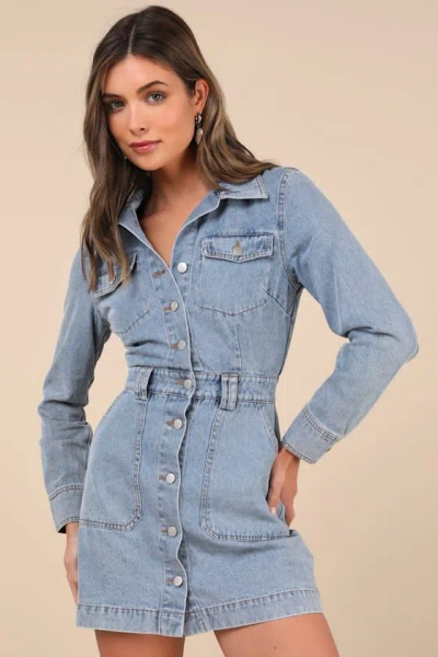 Lulus Notoriously Cool Light Wash Long Sleeve Denim Mini Dress In Blue