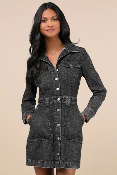 Lulus Notoriously Cool Washed Black Long Sleeve Denim Mini Dress