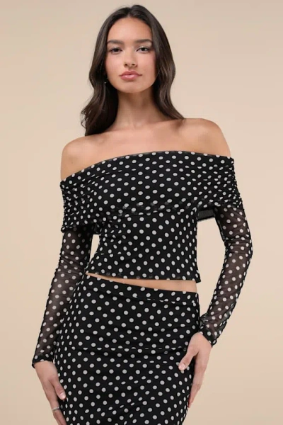Lulus Notoriously Cute Black Polka Dot Mesh Off-the-shoulder Top