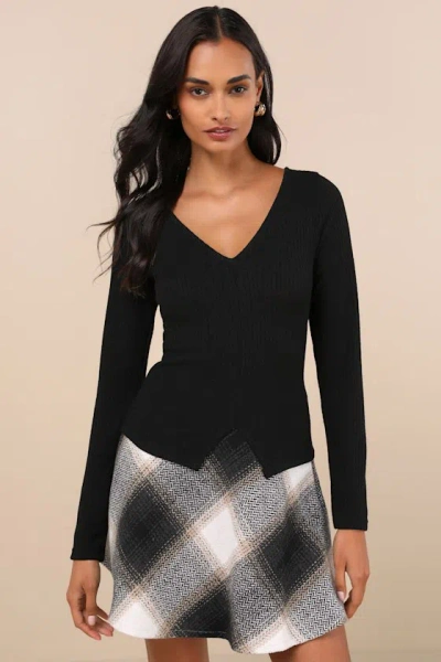 Lulus Novel Poise Black Textured V-neck Long Sleeve Top