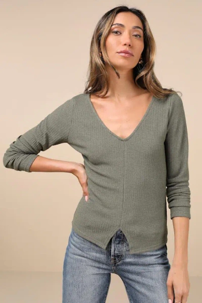 Lulus Novel Poise Olive Green Textured V-neck Long Sleeve Top
