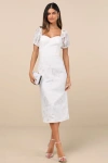 Lulus Odetta White Burnout Puff Sleeve Lace-up Midi Dress In White