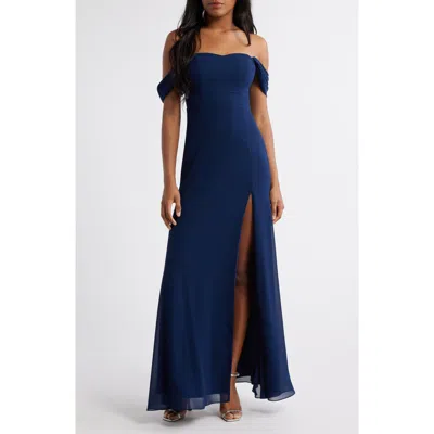 Lulus Off The Shoulder Chiffon Gown In Navy Blue