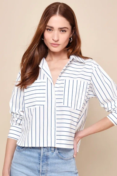 Lulus Officially Cute White And Blue Striped Cropped Button-up Top