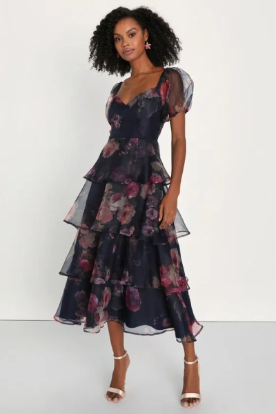 Lulus Oh-so Stunning Navy Blue Floral Organza Tiered Midi Dress