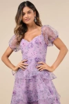 Lulus Oh-so Stunning Purple Floral Organza Tiered Midi Dress In Purple