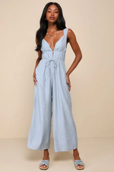 Lulus On The Dock Light Blue Crinkle Sleeveless Wide-leg Jumpsuit